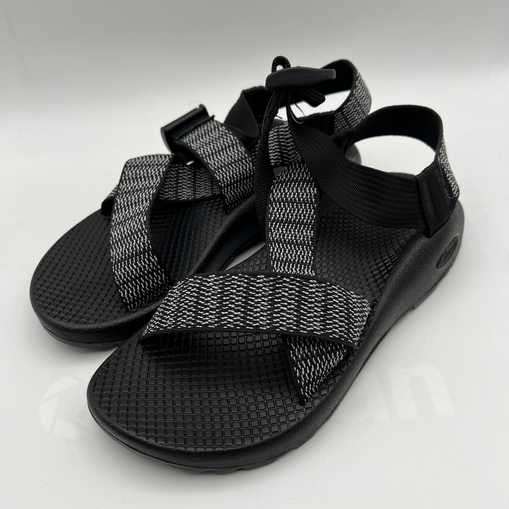Chaco Mega Z 1 Wide Strap Sandals Women 6 Black White Patterned Strappy Toe Loop